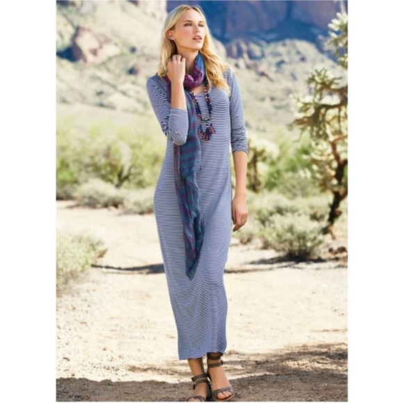 Peruvian Connection Mariners Blue White Stripe Jersey Cotton Modal Maxi Dress - Picture 1 of 5